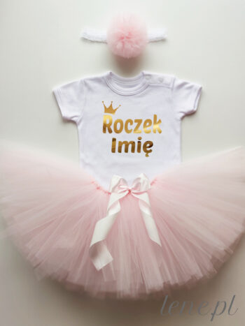 Spódniczka Tiulowa Tutu Jasno Różowa i Body Na Roczek z Imieniem - komplet dla dziewczynek na urodziny - Długi
