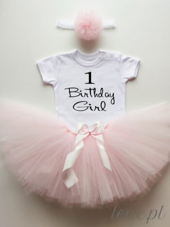 Zestaw Spódniczka Tiulowa Tutu Jasny Róż i Body Jedynka Birthday Girl - na urodziny - Krótki