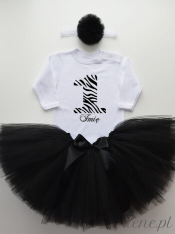 Czarna Spódnica Tiulowa Tutu i Body Jedynka Zebra + Imię - komplet na roczek z imieniem - Krótki